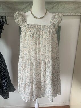 Altar'd State Cream Dress with Blue Floral Ruffle Straps